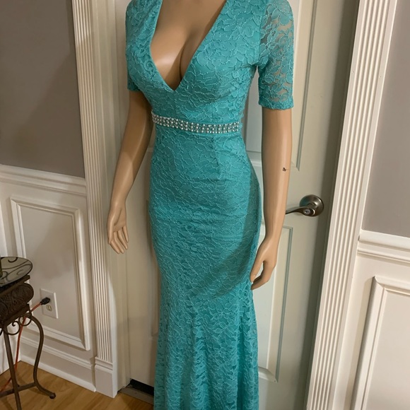 Women junior blue green lace bodycon mermaid maxi dress size (S) zipper back - Picture 4 of 14